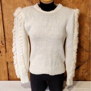 Vintage 70s Cream Long Sleeve Faux Fur Contrast Sleeve Sweater Size Medium
